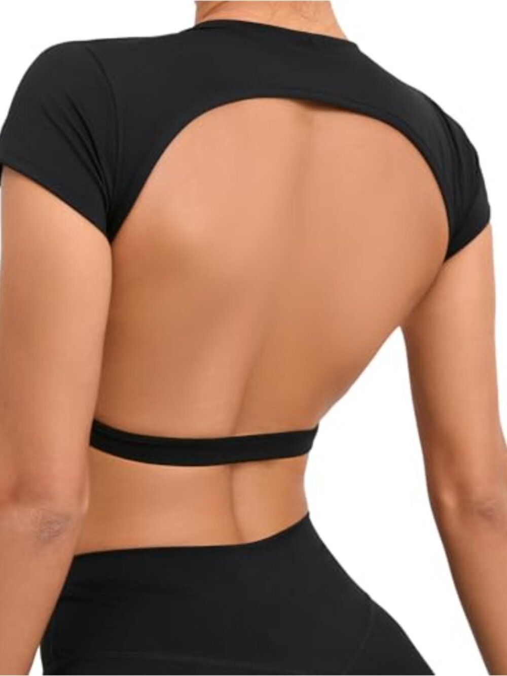 Women's Open Back Crop Top Short Sleeve Removable Pads Nylon Spandex Activewear